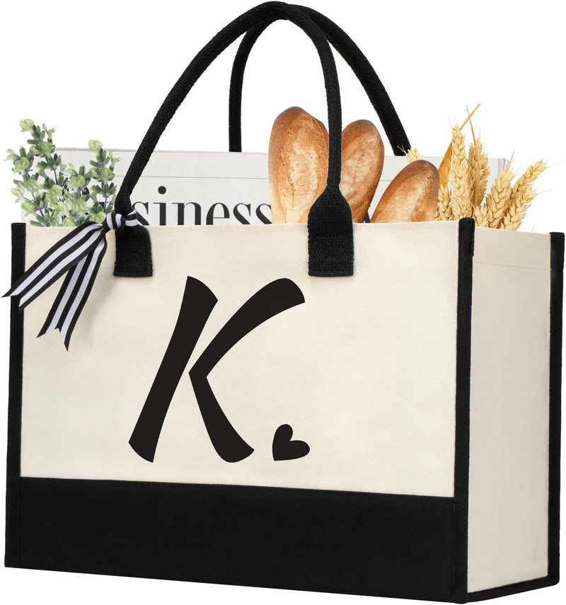 shenee Initial Canvas Tote Bag, Personalized Beach Jute Bag Present for Women Holiday,Friends Birthday Gift,Wedding, New Year - Image 1